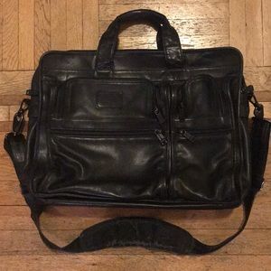 TUMI Black Leather Expandable Computer Briefcase